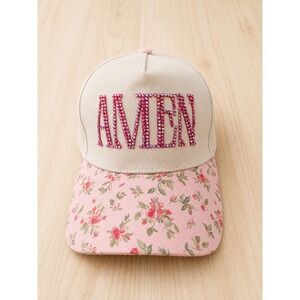 Pink Rhinestone AMEN Floral Brim Trucker Hat Cap New Faith Christian